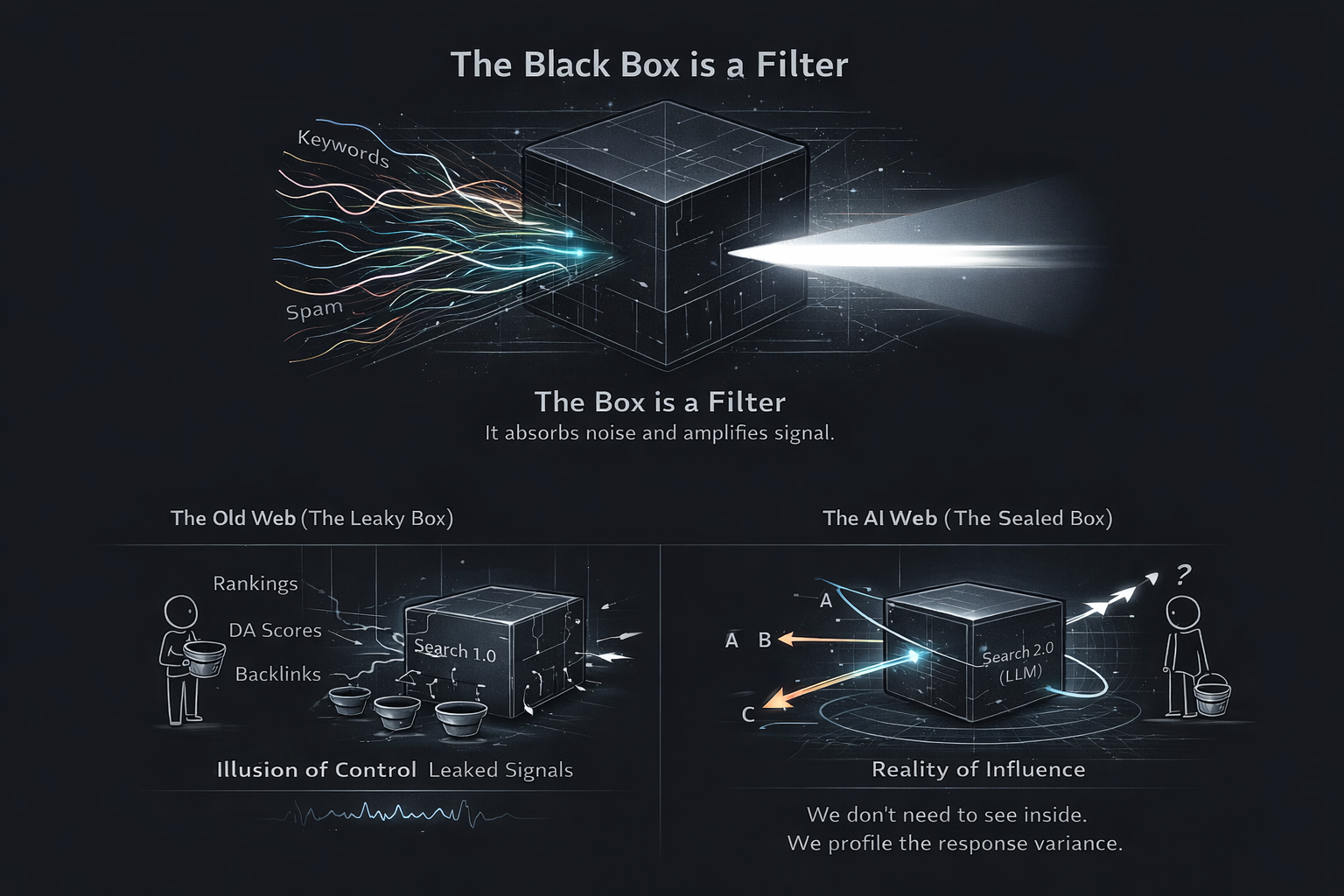 Conceptual representation of AI search as a black box filter system, illustrating the opaque decision-making process of LLM-powered search engines and the behavioral patterns that determine content visibility in generative AI systems