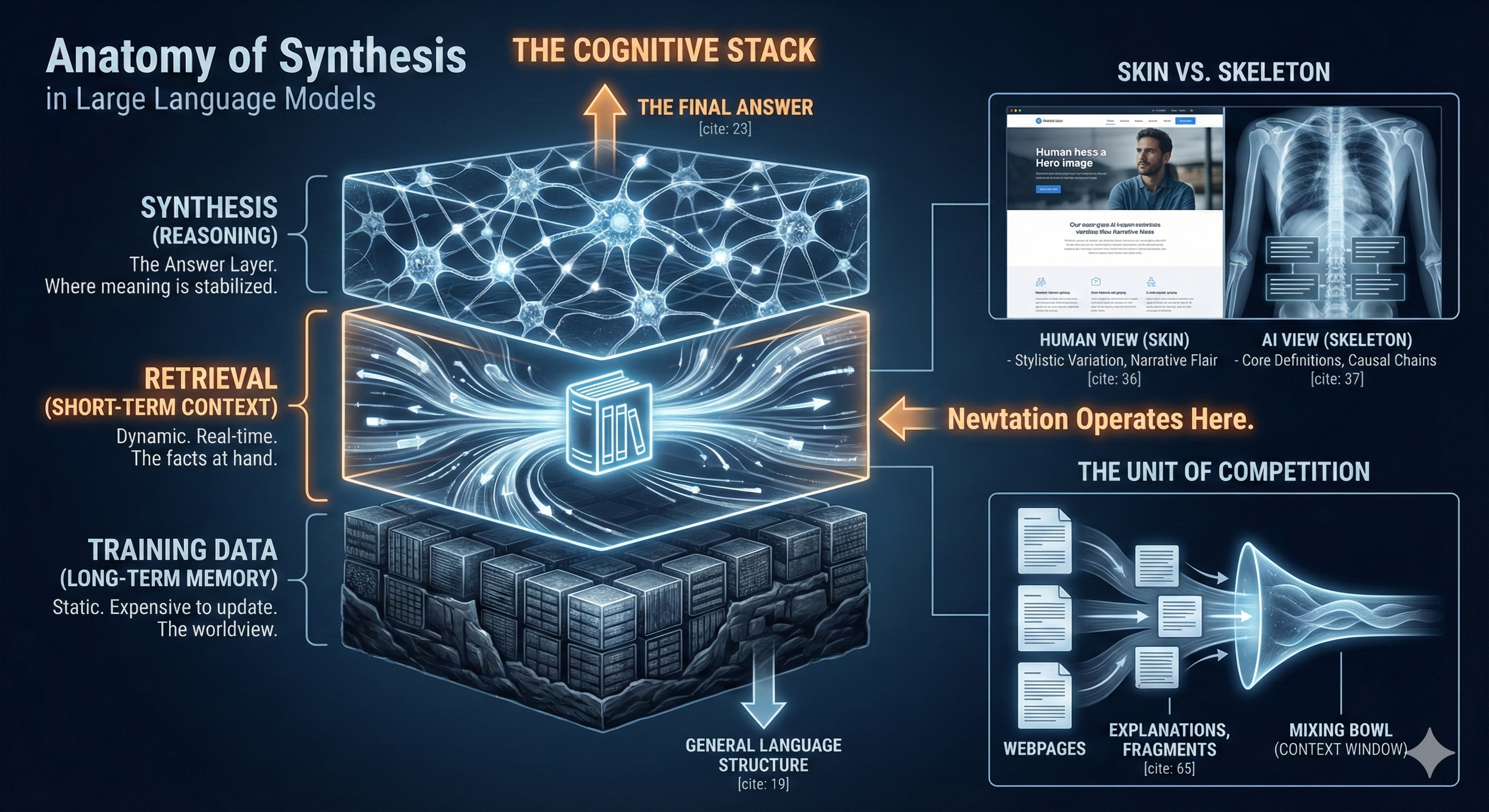 Visual metaphor for how large language models process and comprehend information, showing the synthesis layer between training data and query responses that determines content selection and visibility in AI-generated answers
